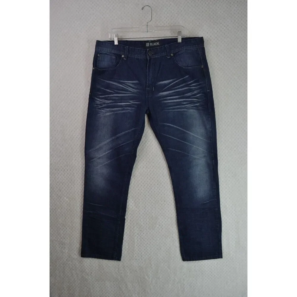 CJ Black Men's 38x32 Slim Fit Dark Wash Distressed Tapered Jeans